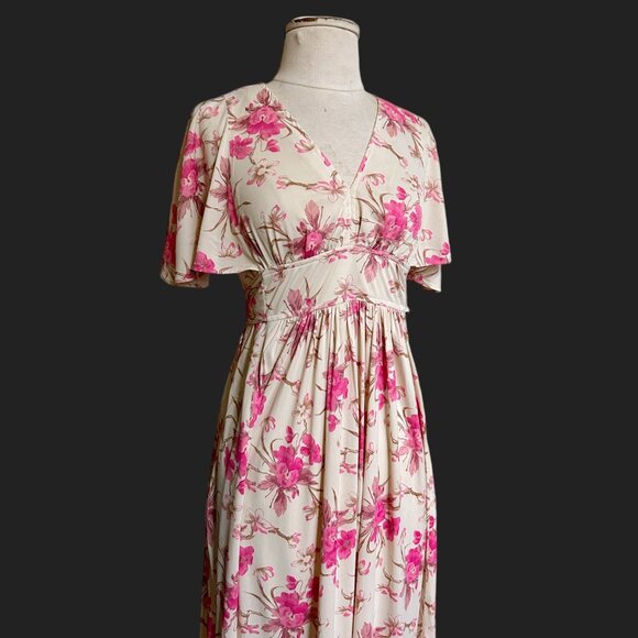 70s vintage flutter sleeve floral dress empire waist boho prairie cottage. - Picture 3 of 11